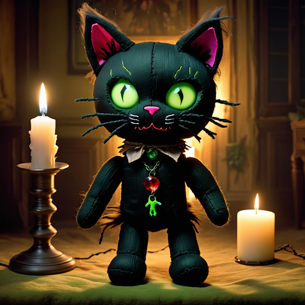 (knitted toy voodoo doll:1.9), (Voodoo Cat:1.3), (Appearance: black cat with glowing green eyes and ragged fur:1.0), (Accessories: enchanted collar emitting an eerie glow, floating spectral mice:1.1), (background: abandoned mansion with flickering candles, creaking floors, and an atmosphere of haunting mystery:1.2), best quality, masterpiece, detailed soft oil painting, detailed background, dramatic cinematic lighting, soft edge lighting, professional, dramatic lighting, hard edge lighting, ultra quality, 4k, masterpiece, best quality, 8k, ultra high definition, high resolution, extremely detailed