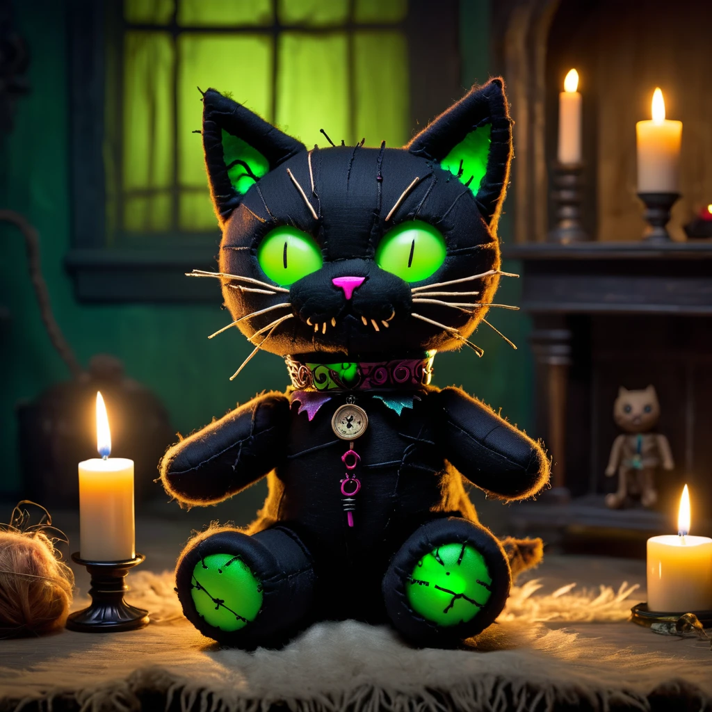(knitted toy voodoo doll:1.9), (Voodoo Cat:1.3), (Appearance: black cat with glowing green eyes and ragged fur:1.0), (Accessories: enchanted collar emitting an eerie glow, floating spectral mice:1.1), (background: abandoned mansion with flickering candles, creaking floors, and an atmosphere of haunting mystery:1.2), best quality, masterpiece, detailed soft oil painting, detailed background, dramatic cinematic lighting, soft edge lighting, professional, dramatic lighting, hard edge lighting, ultra quality, 4k, masterpiece, best quality, 8k, ultra high definition, high resolution, extremely detailed