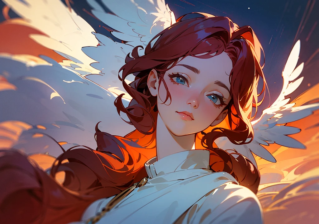 In a serene landscape, capturing the essence of reality, angel is the central figure. Dressed in red and white, she mirrors the harmonious color scheme of her surroundings. With delicate curly red hair framing her face, Her eyes are shut in deep concentration, her innocence radiating peace. The rich reddish sky serves as the breathtaking backdrop, its realistic hues painting a stunning picture of twilight. The focus distance is set at 10mm, drawing our eyes to the divine figure with precision. The image, a masterpiece, is meticulously crafted using