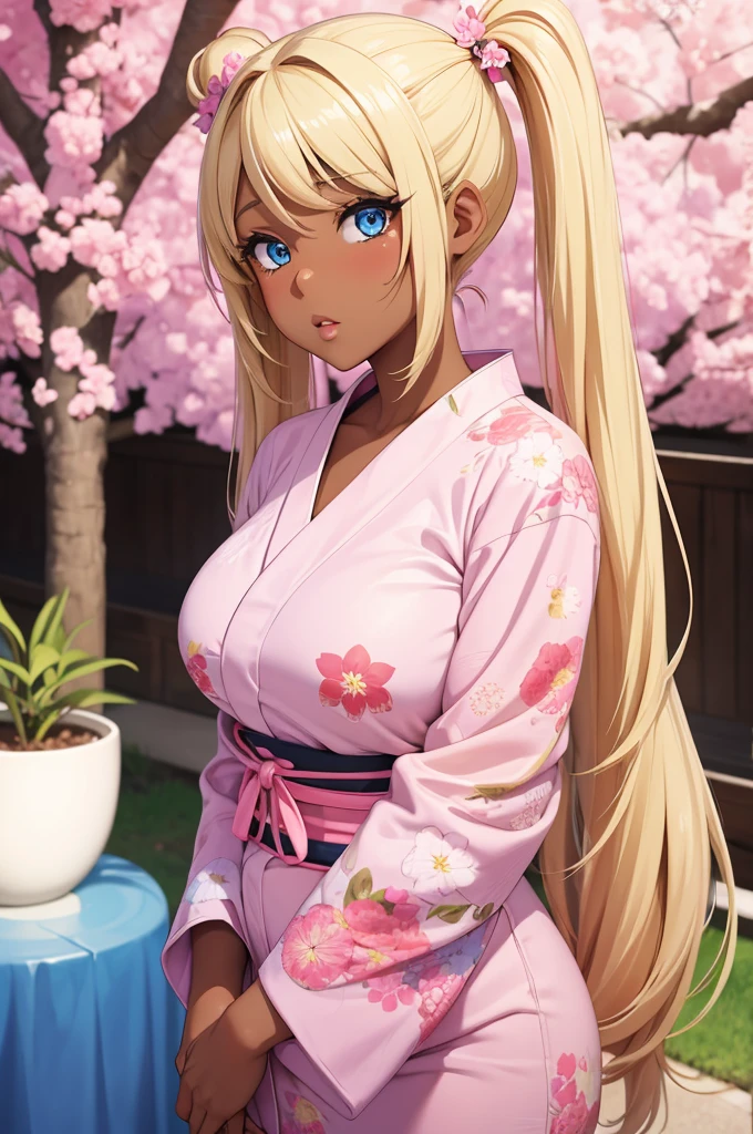 Female Gyaru, Twintail Blonde hair, Blue eyes, dark brown skin, large breasts, wearing a white and pink yukata with floral accents