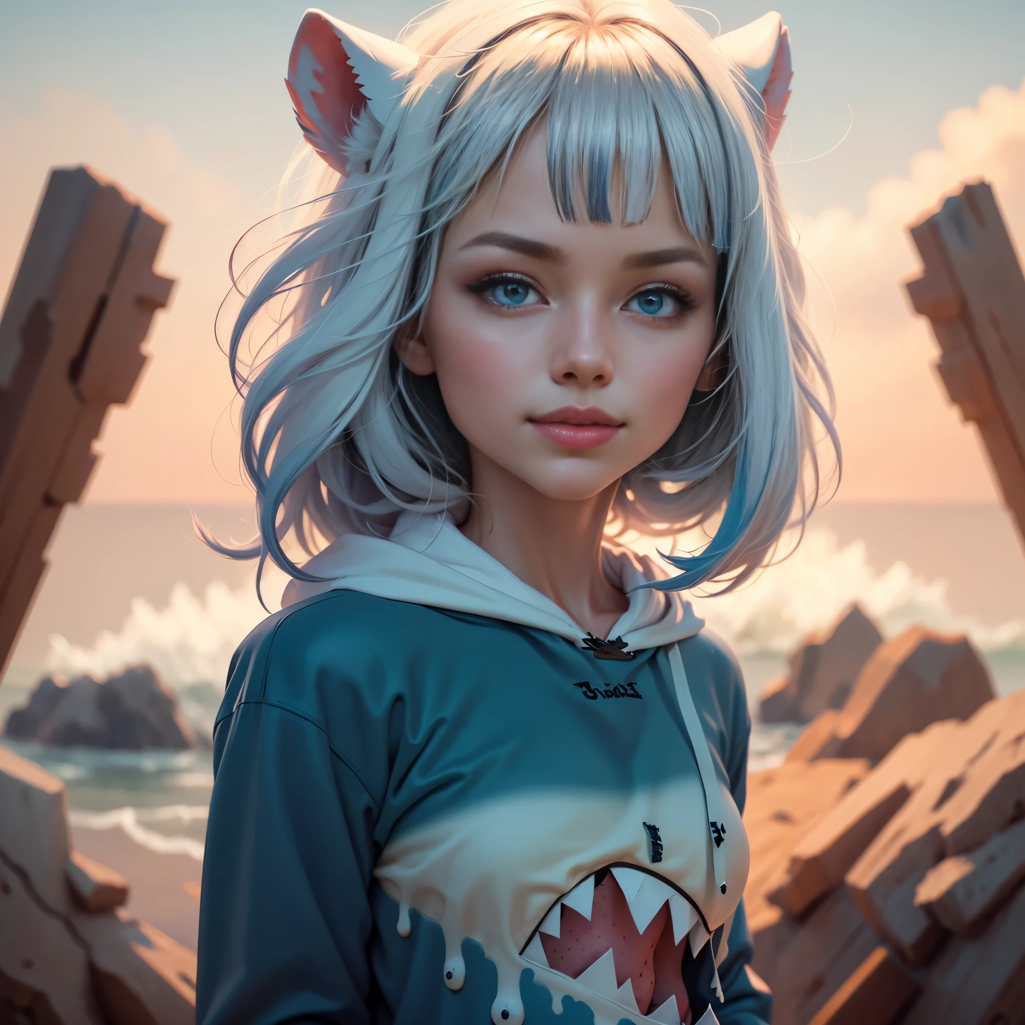 (gawr gura, blue hoodie, shark hood)、Beautiful girl、smile、Highly detailed face and eyes、Very fine body、Long, flowing white hair、Coastline of the setting sun、Shallow depth of field、Cinematic lighting、Soft pastel colors、Photorealistic、8K、Highest quality、masterpiece、Full body portrait、Surreal、dramatic、elegant、Calm