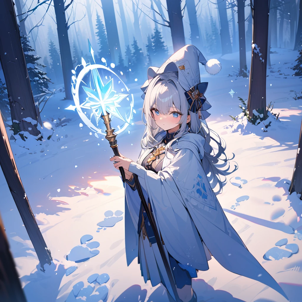 (masterpiece:1.5), highest quality, super detailed, very detailed, exquisite, 16k, full HD, very aesthetic, absurdres, anime style, 1girl, mage girl, high school girl, beautiful, female, 17 years old, shoulder-length silver hair, silver hair, focused and calm expression, long cape, pointed hat, holding a staff in one hand, casting snow magic with the other, staff emitting soft blue light from the tip, snow-covered forest, heavy snowfall, moonlight faintly reflecting on the snow, deep snow on the ground, girl's footprints in the snow, magical glow around the girl, serene snowy landscape, sharp focus on subject, vivid colors, magical and mystical atmosphere, soft light and shadows
