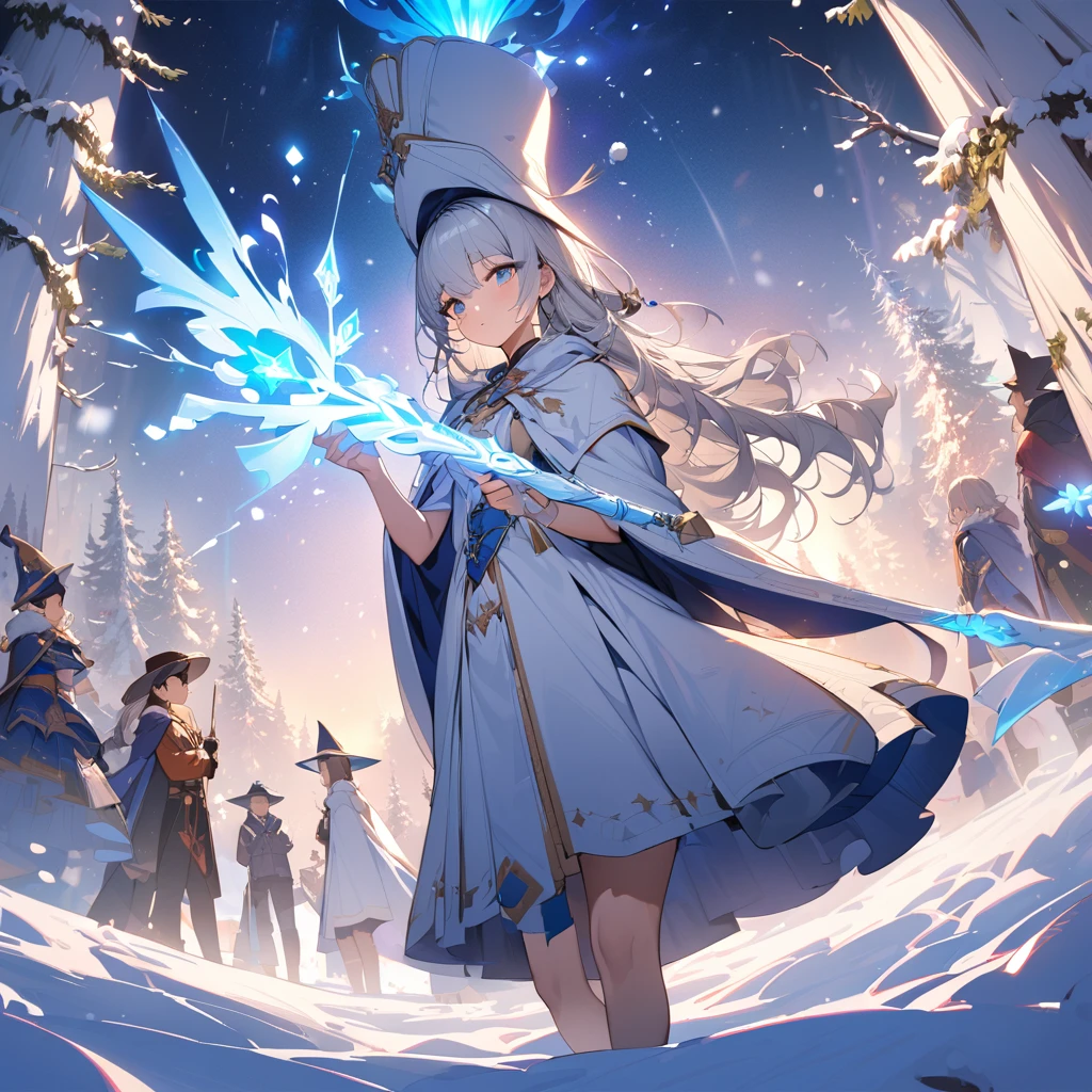 (masterpiece:1.5), highest quality, super detailed, very detailed, exquisite, 16k, full HD, very aesthetic, absurdres, anime style, 1girl, mage girl, high school girl, beautiful, female, , shoulder-length silver hair, silver hair, focused and calm expression, long cape, pointed hat, holding a staff in one hand, casting snow magic with the other, staff emitting soft blue light from the tip, snow-covered forest, heavy snowfall, moonlight faintly reflecting on the snow, deep snow on the ground, girl's footprints in the snow, magical glow around the girl, serene snowy landscape, sharp focus on subject, vivid colors, magical and mystical atmosphere, soft light and shadows
