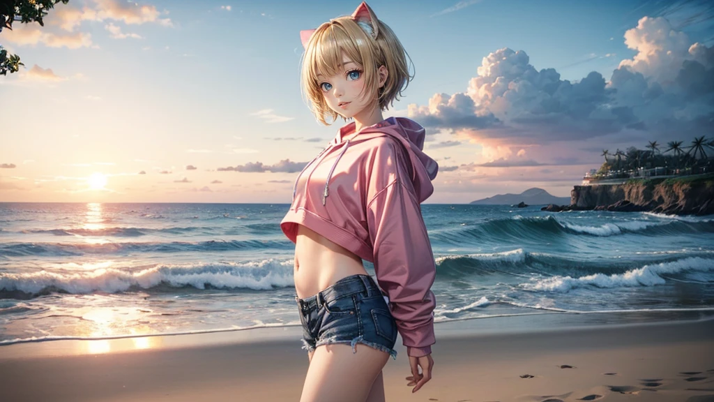 Cat ear、Absurd, Ultra-detailed,Bright colors,(solo),(From the side:1.2),(View your viewers:1.5) (Short blonde hair:1.2),Shiny Hair,(Pink hoodie:1.5),(Black sneakers),Denim shorts,Delicate and beautiful face, blush、(Deep blue eyes:1.4), White skin, (A wistful smile:1.3),Beautiful Clouds,(Standing on the beach, looking to the side with a sad expression:1.3),look at the sea and sunset,At sunset,Waves crashing on the beach,sunlight,Light on the face、Cat ear、Belly button