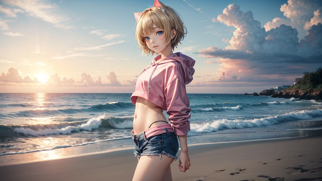 Cat ear、Absurd, Ultra-detailed,Bright colors,(solo),(From the side:1.2),(View your viewers:1.5) (Short blonde hair:1.2),Shiny Hair,(Pink hoodie:1.5),(Black sneakers),Denim shorts,Delicate and beautiful face, blush、(Deep blue eyes:1.4), White skin, (A wistful smile:1.3),Beautiful Clouds,(Standing on the beach, looking to the side with a sad expression:1.3),look at the sea and sunset,At sunset,Waves crashing on the beach,sunlight,Light on the face、Cat ear、Belly button