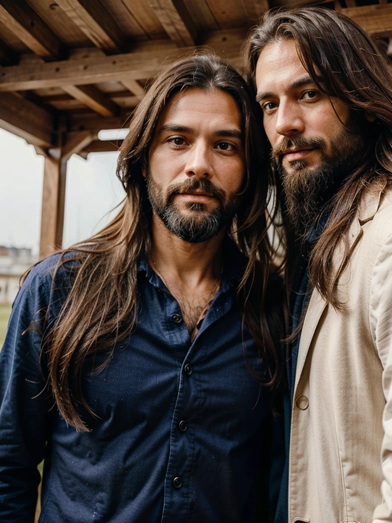 Couple, approximately 40 years old, beautiful, long hair, man with beard