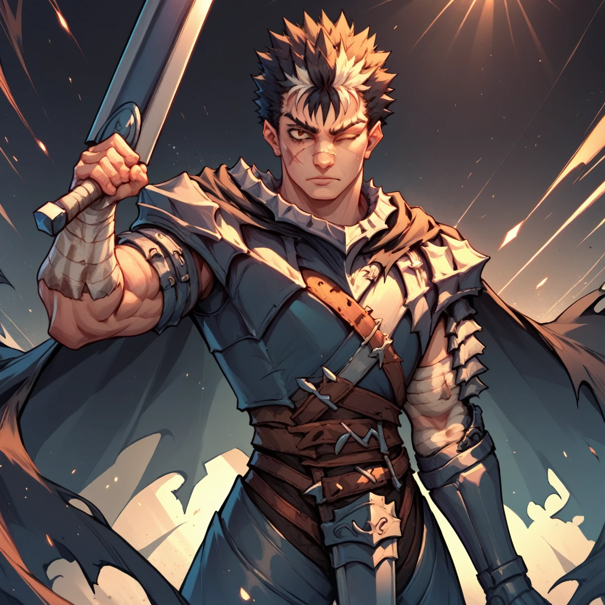 score_9, score_8_up, score_7_up, source_anime, looking at viewer, cowboy shot, Guts_Armor, brown eyes, short hair, multicolored hair, spiked hair, black armor, shoulder armor, gauntlets, greaves, bandaged arm, black cape, torn cape, scar on nose, one eye closed, muscular male, sword, holding sword, black background, light particles, dust, abstract background, sunlight, glowing,