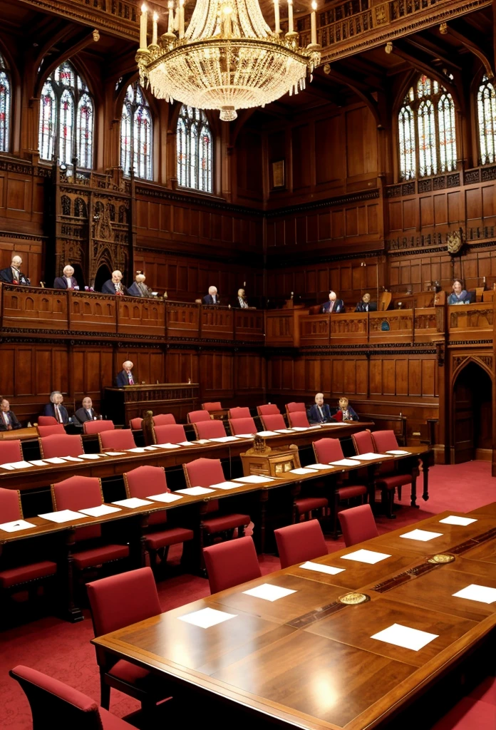 A detailed scene inside the English Parliament during a heated debate in the republican era. The members of parliament, dressed in somber 17th-century attire, are seated around a large wooden table, engaged in animated discussion. Documents and maps are scattered across the table. The atmosphere is one of intense deliberation, with candles illuminating the room. The background features tall windows and intricate wood paneling, symbolizing the shift in power from monarchy to a parliamentary republic