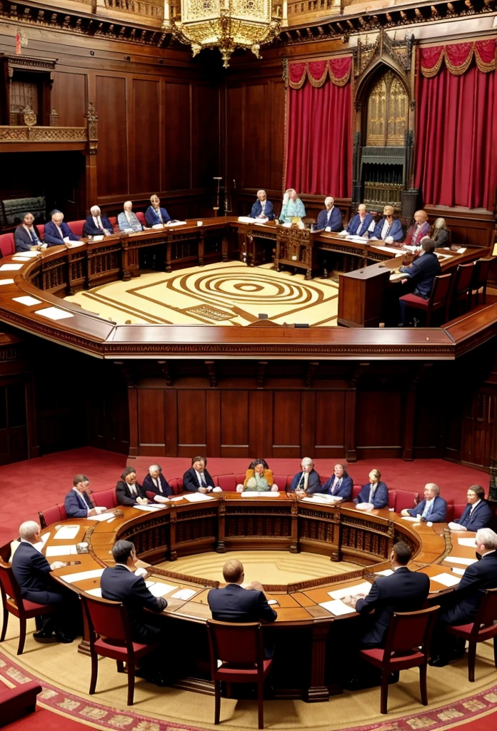 A detailed scene inside the English Parliament during a heated debate in the republican era. The members of parliament, dressed in somber 17th-century attire, are seated around a large wooden table, engaged in animated discussion. Documents and maps are scattered across the table. The atmosphere is one of intense deliberation, with candles illuminating the room. The background features tall windows and intricate wood paneling, symbolizing the shift in power from monarchy to a parliamentary republic