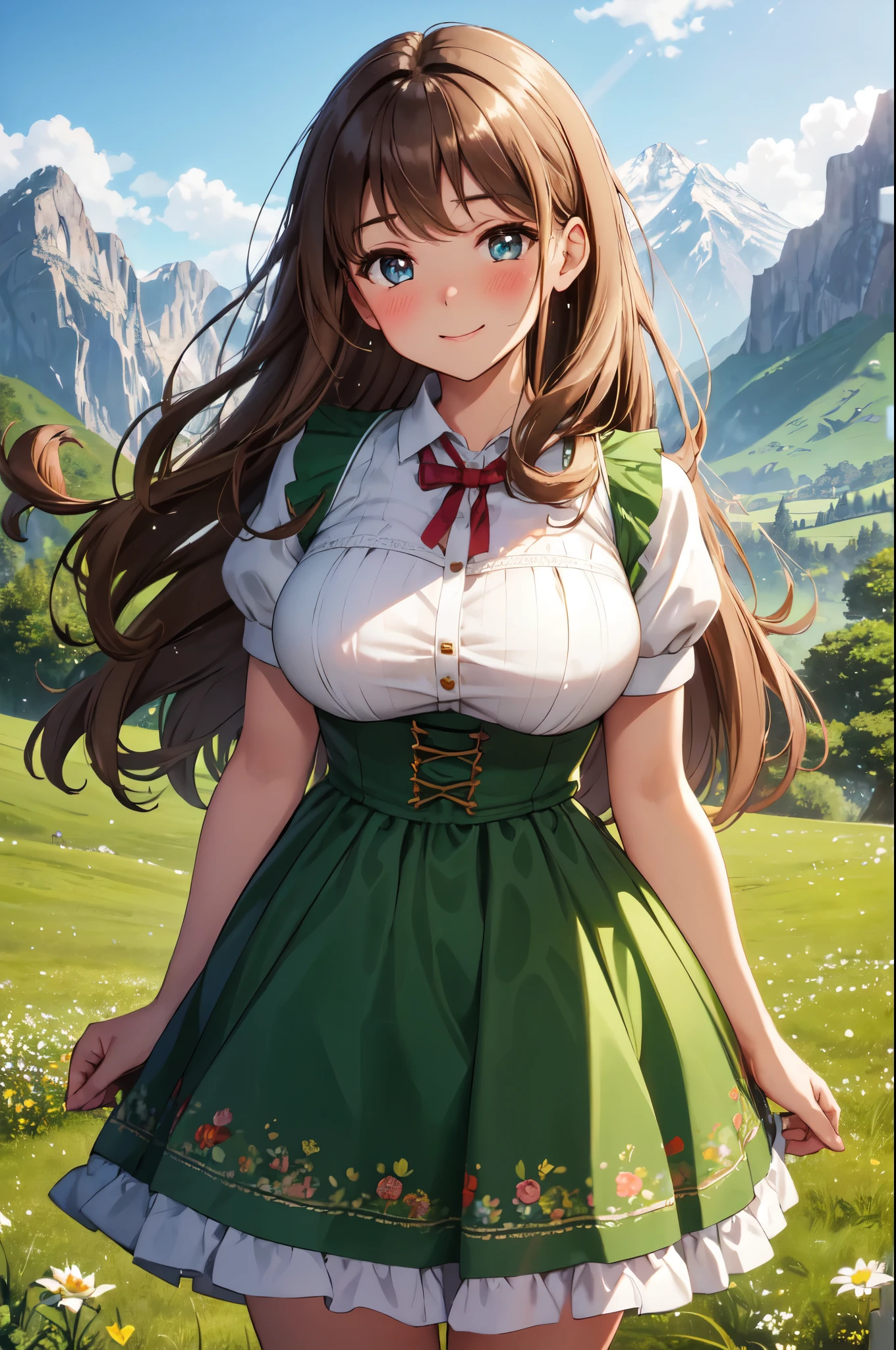(High quality, High resolution, Fine details), standing in a lush green meadow with mountains in the background, sunlight streaming through the scene, traditional dirndl dress, solo, curvy adult women, long light brown hair, sparkling eyes, (Detailed eyes:1.2), smile, blush, Sweat, Oily skin, warm lighting, Soft tones, shallow depth of field