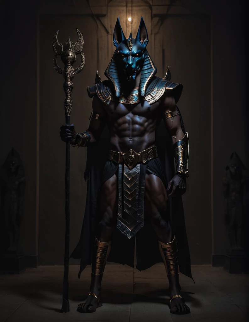 a man dressed as realistic Anubis halloween costume design, elegant intimidating psychopathic man, anubis mask, dark energy, black costume, holding a staff, full body highly detailed, cinematic lighting, dramatic atmosphere party entrance, photorealistic, 8K, masterpiece