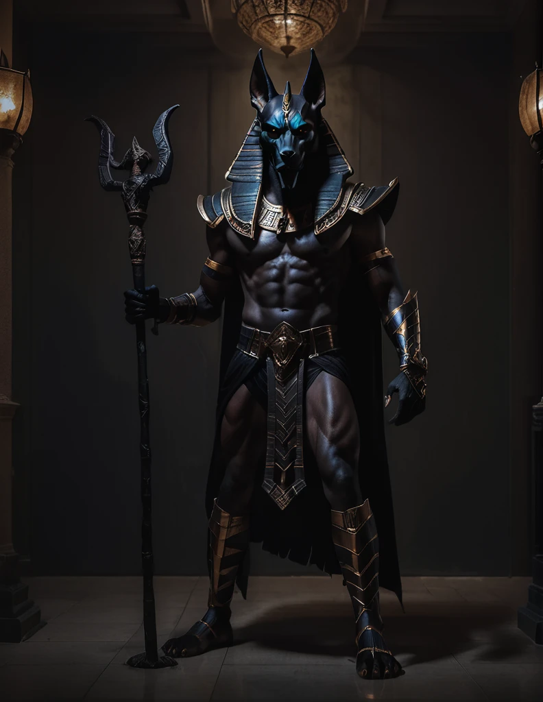 a man dressed as realistic Anubis halloween costume design, elegant intimidating psychopathic man, anubis mask, dark energy, black costume, holding a staff, full body highly detailed, cinematic lighting, dramatic atmosphere party entrance, photorealistic, 8K, masterpiece