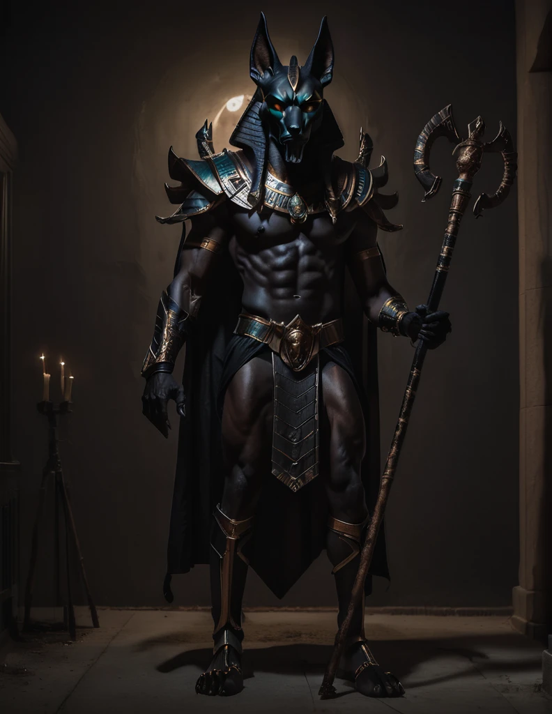 a man dressed as realistic Anubis halloween costume design, elegant intimidating psychopathic man, anubis mask, dark energy, black costume, holding a staff, full body highly detailed, cinematic lighting, dramatic atmosphere party entrance, photorealistic, 8K, masterpiece