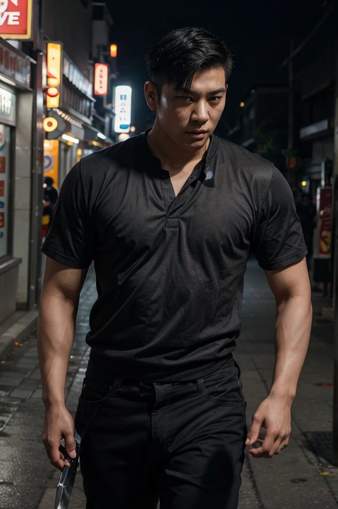 A young asian man with black and gray undercut hair with a stocky body walks down the street with a knife, North Korean sword, movie poster character, Japanese live-action movie, movie promotional image, jinyoung shin, still from the live action movie, standing in a pool of blood , live action film, inspired by Joong Keun Lee, scenes from live action films, blood in the streets, chainsaw man