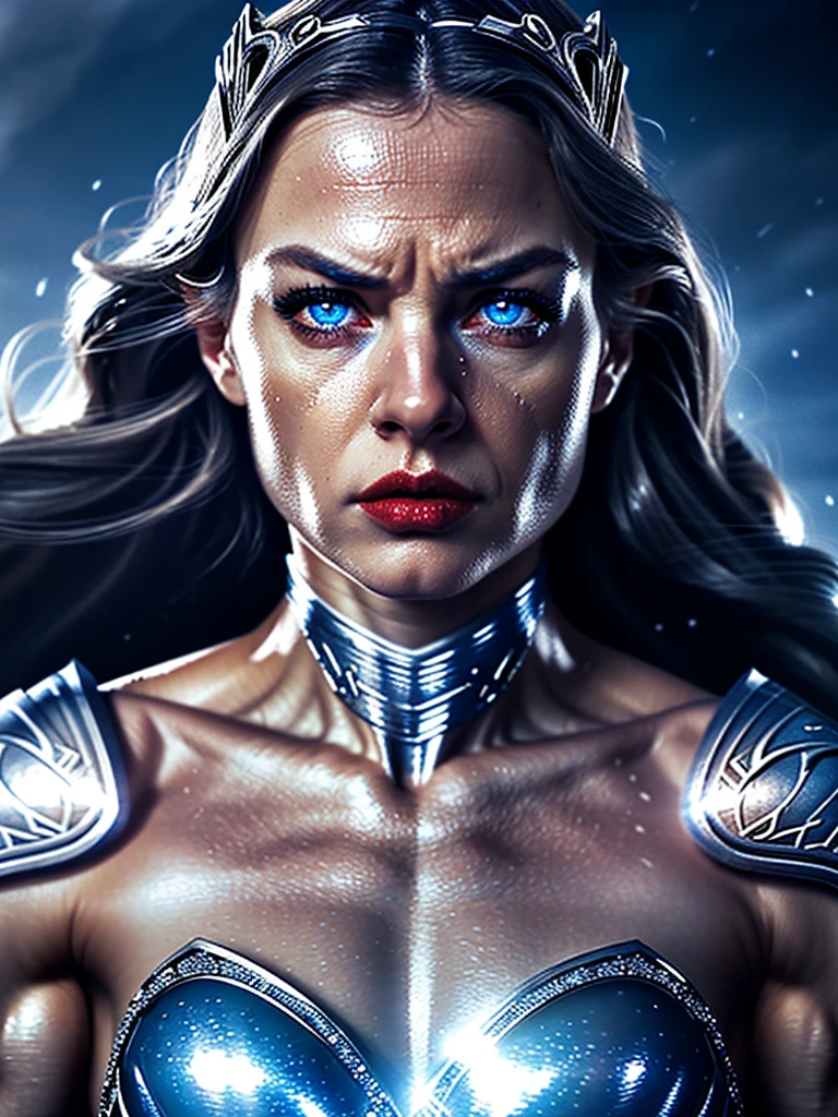 a powerful woman warrior, beautiful detailed eyes, beautiful detailed lips, extremely detailed face and body, long dark hair, muscular athletic physique, silver tiara, red and blue outfit, lasso of truth, flying in the sky, cinematic lighting, dramatic camera angle, cinematic epic fantasy, glowing colors, digital art, highly detailed, 8k, photorealistic