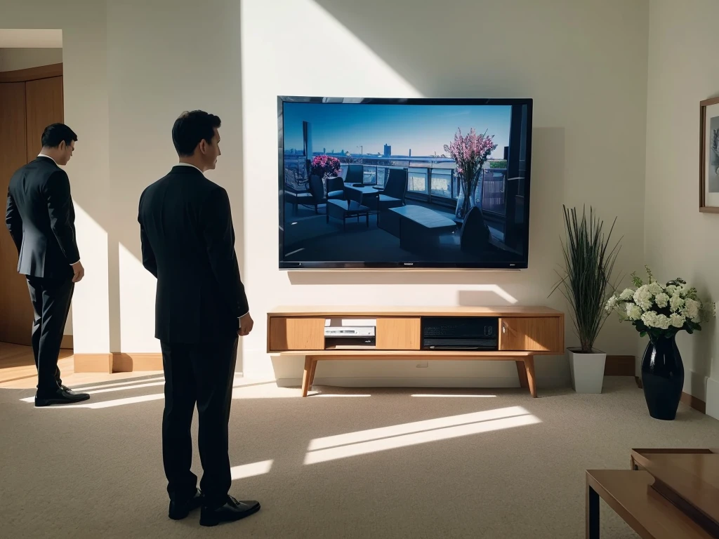 Several men in suits are standing in an entrance hall with a single television, Funeral, Photo taken from behind,Screen 16：9, watching tv, beautiful photo, Sunny place, External light, 数人がwatching tv, A small TV screen is placed on the table, White wall, Flowers are laid out