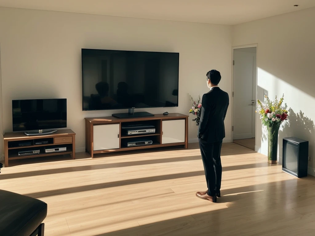 Several men in suits are standing in an entrance hall with a single television, Funeral, Photo taken from behind,Screen 16:9, watching tv, beautiful photo, Sunny place, External light, 数人がwatching tv, A small TV screen is placed on the table, White wall, Flowers are laid out
