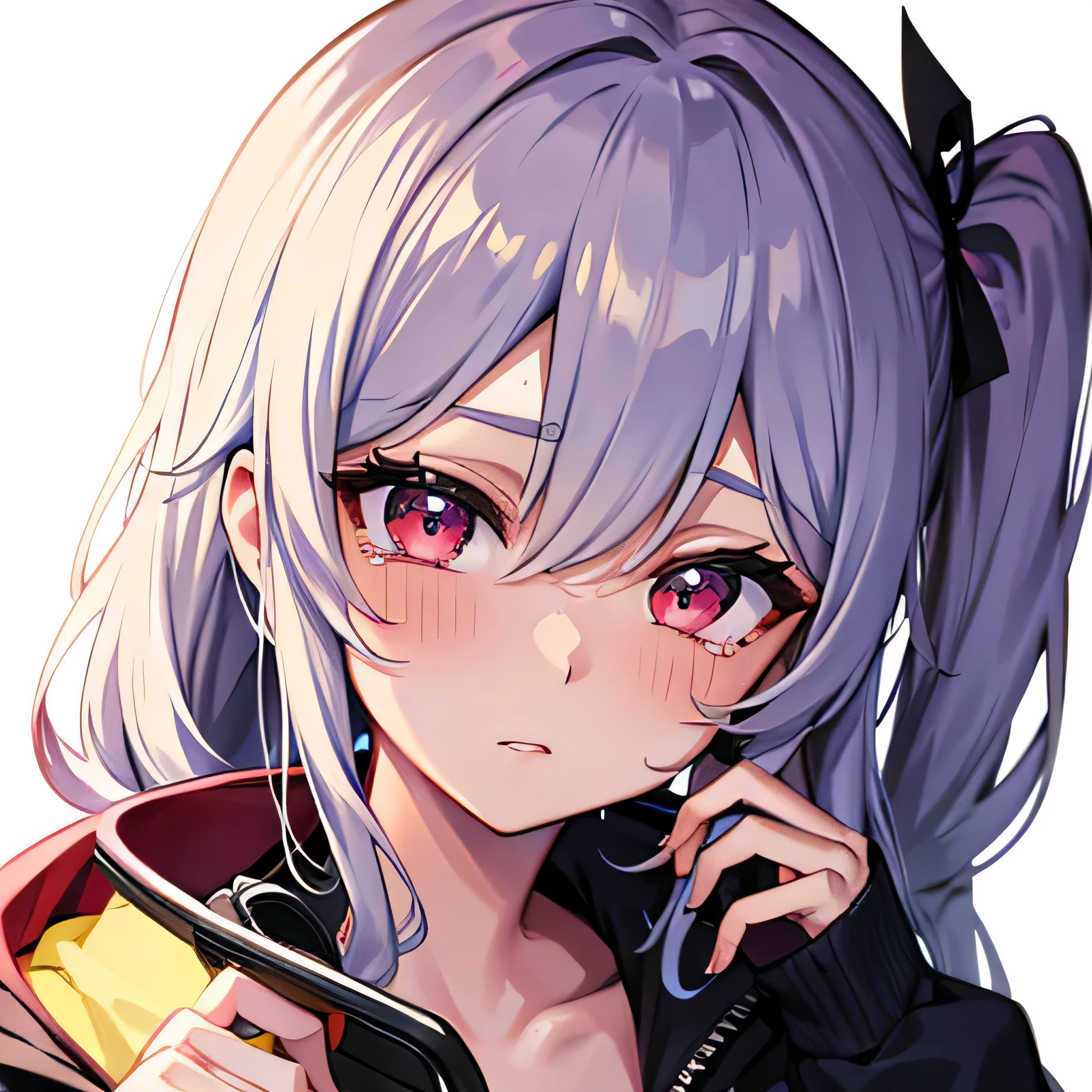 Pretty anime girl with smudged mascara from crying on a call with a retro cell phone, white background with focus on his face