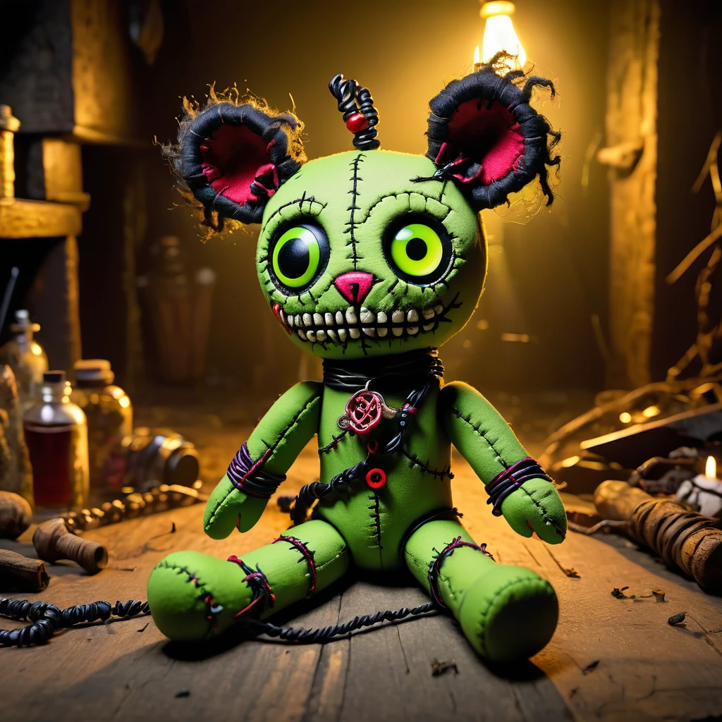 (knitted toy voodoo doll:1.8), (Voodoo Rat:1.3), (Appearance: diseased rat with glowing green eyes and a rotting tail:1.0), (Accessories: enchanted pendant emitting a sickly glow, floating poisonous vials:1.1), (background: decaying basement with scattered debris, dark corners, and an atmosphere of filth and corruption:1.2) best quality, masterpiece, detailed soft oil painting, detailed background, dramatic cinematic lighting, soft edge lighting, professional, dramatic lighting, hard edge lighting, ultra quality, 4k, masterpiece, best quality, 8k, ultra high definition, high resolution, extremely detailed