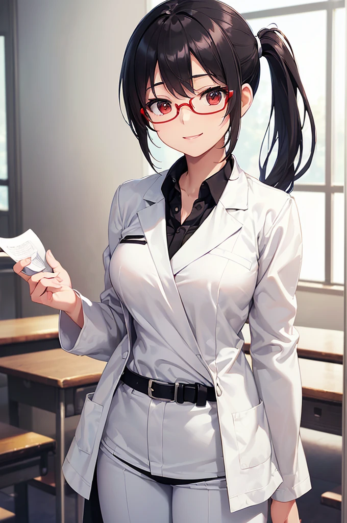 (masterpiece; best quality: 1.2), (finely detailed eyes: 1.3), ((25 year old woman)), ((solo)), (red eyes: 1.4), (body; gorgeous, lithe, femenine: 1.3), (black hair in low-ponytail: 1.3), (beautiful and clear background: 1.2), ((depth of field)), (equipment: white unbuttoned labcoat + black shirt + white tie + white pants + black square glasses: 1.3), (anime illustration: 1.2), (background composition; japanese highschool classroom + furniture: 1.1), (extremely fine and beautiful: 1.1), (shot composition; standing + centered on torso + close-up: 1.5), (expression; calm, smile: 1.2)