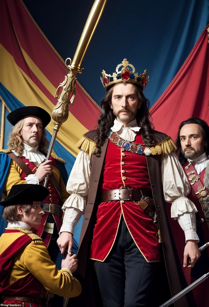 A vibrant and eye-catching cover image for the YouTube Shorts video titled 'The English Revolution: How History Changed'. The composition features a dramatic montage: King Charles I with a crown and scepter on the left, Oliver Cromwell in military attire on the right, and a fierce battle scene from the Civil War at the bottom. Above them, the title 'The English Revolution' is boldly written in large, stylish fonts. The background blends historical documents and a map of England, with intense colors of red, gold, and dark blue. This composition should evoke curiosity and excitement, making viewers eager to click and learn more