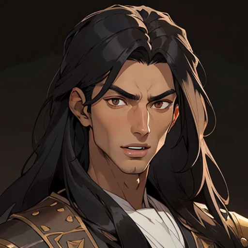 (masterpiece), (best quality),(portrait),(bust up),1boy,solo,(sharp focus),((look at viewer)),(tanned skin),open-mouthed,adult,Arabs,long hair,black hair,(ancient:1),ancient luxurious long clothes,brown cloth,old school fantasy art,((simple background)),super shiny face,Ultra Glossy Skin,