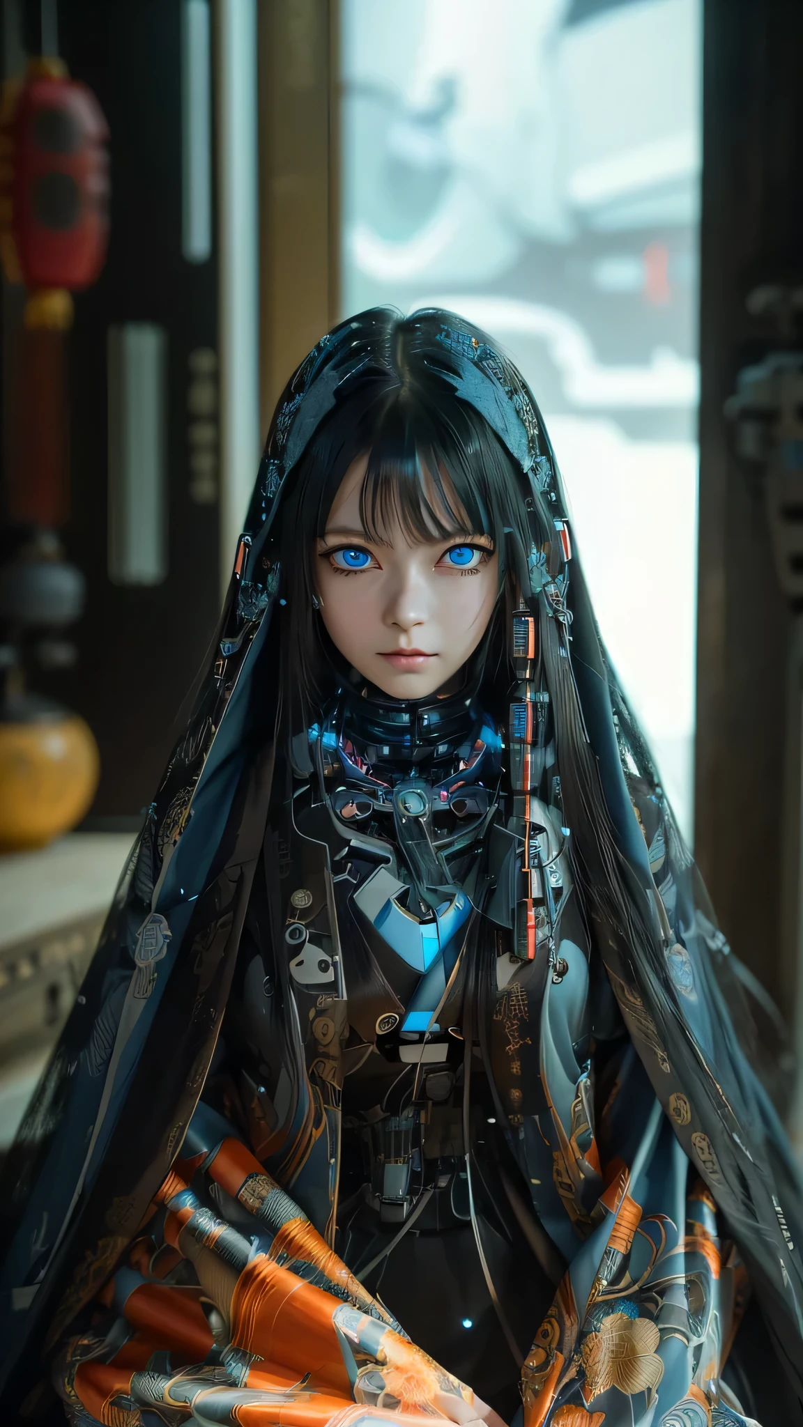 Ultra-detailed, master piece, best quality, high resolution,  detailed eyes, detailed face, (Neo Tokyo:1.5), (Cyberpunk:1.5), (Fusion with Machine:1.5), ************, very pretty and beautiful, girl with mysterious atmosphere, ghost,  in appearance, graceful in traditional Japanese costume and design, (beautiful light blue eyes:1.5), (light blue plasma around her:1.5), bio-mechanical, traditional Japanese room with elegance, long black hair, bangs, face, hands, design and (light blue plasma surrounds), biomechanical, Japanese traditional noble Japanese room, long black hair, bangs, face, hands, designs and decorations are detailed and clearly drawn, ultra realistic and realistic image with super high resolution