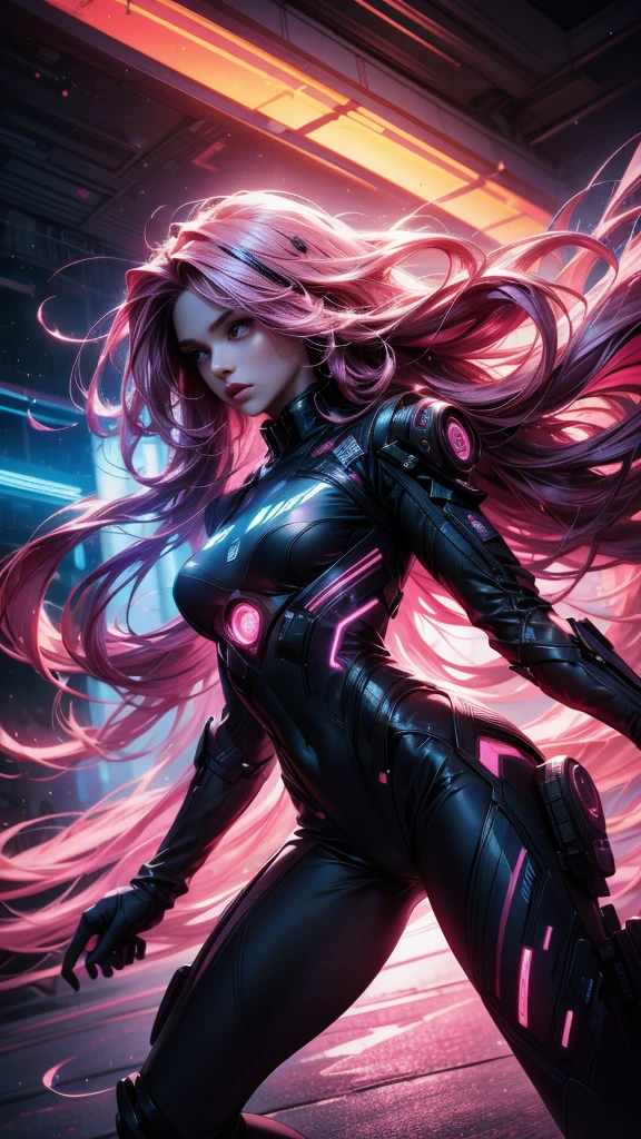 a beautiful long pink-haired girl, night scene, neon lights, flying saucer, alien abduction, galaxy background, neon lights, black clothes with LED lights, 4k, hyperrealistic, octane render, cinematic lighting, dramatic pose, highly detailed