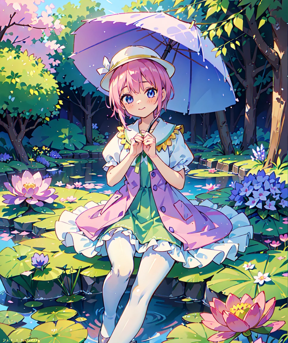 Ichika nakano, dressed as sweetie belle from my little pony, solo, 1 girl, in a mythical garden: 2.0, (short pink hair, coil curls: 2.5, dark blue heavenly eyes: 1.5, wearing a green and white dress, happy: 1.5, soft smile, her surroundings are ethereal, ((ultra realistic high quality top quality 4k)),: 3.0, bright sunny day: 1.urple and green flowers everywhere: 3.2, bushes, POND WITH LILY PADS: 3.0, jacaranda trees: 2.0, highly detailed jacaranda trees, green grass: 1.3, wearing a white summer hat with purple ribbon, summer dress with flower patterns, dainty features: 2.0,  like features: 2, pure white skin, green thigh high, highly detailed legging, purple heel, shiny hair, slightly shiny skin, sun rise, morning, shining ponds, lavender flower everywhere, shining eyes, soft gentle smile cute pink soft light blush,