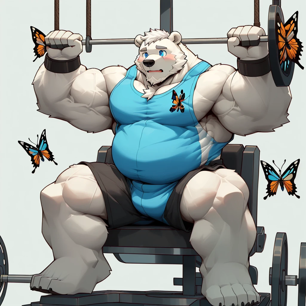 masterpiece, best quality, 8k resolution, Very detailed, hairy,(((polar bear)),((())),(((beard))),(((fat))),(((White hair all over body))),(((portrait))),(((White hair))),(((straining))),For the audience,(((gym tank top))),(((sitting on the pulley machine))),(((motivating))),((wristbands)), ((Highest quality scene,(((whole body))),(((Blue Eyes))),(((Legs apart))),(((Fat-enclosed muscle))),(((Round face))),(((alone))),(((Strong body))),(((Hip bulge))),(((arms exposed))), ((working out)), ((butterchest workout))