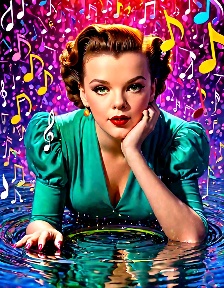 Generate a portrait of Judy Garland in a whimsical, dreamlike setting, surrounded by floating musical notes and vibrant colors. hyper realistic photo, vibrant colors, 16k