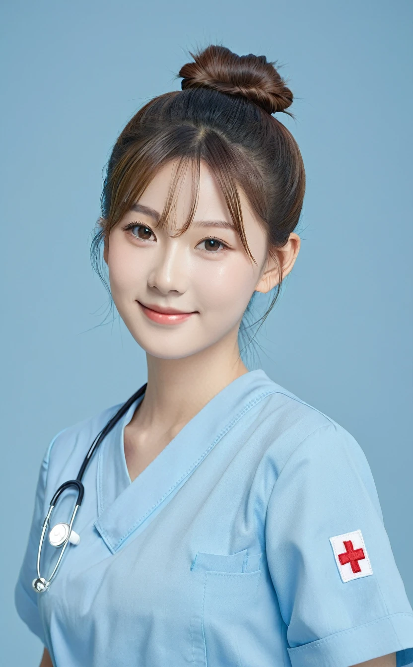 Realistic,Japanese young idol one girl portrait,Hair tied back in a bun,She is a nurse wearing a blue uniform.,Gentle smile,Simple light blue background,Tilting face,Popular Korean makeup,photoRealistic,