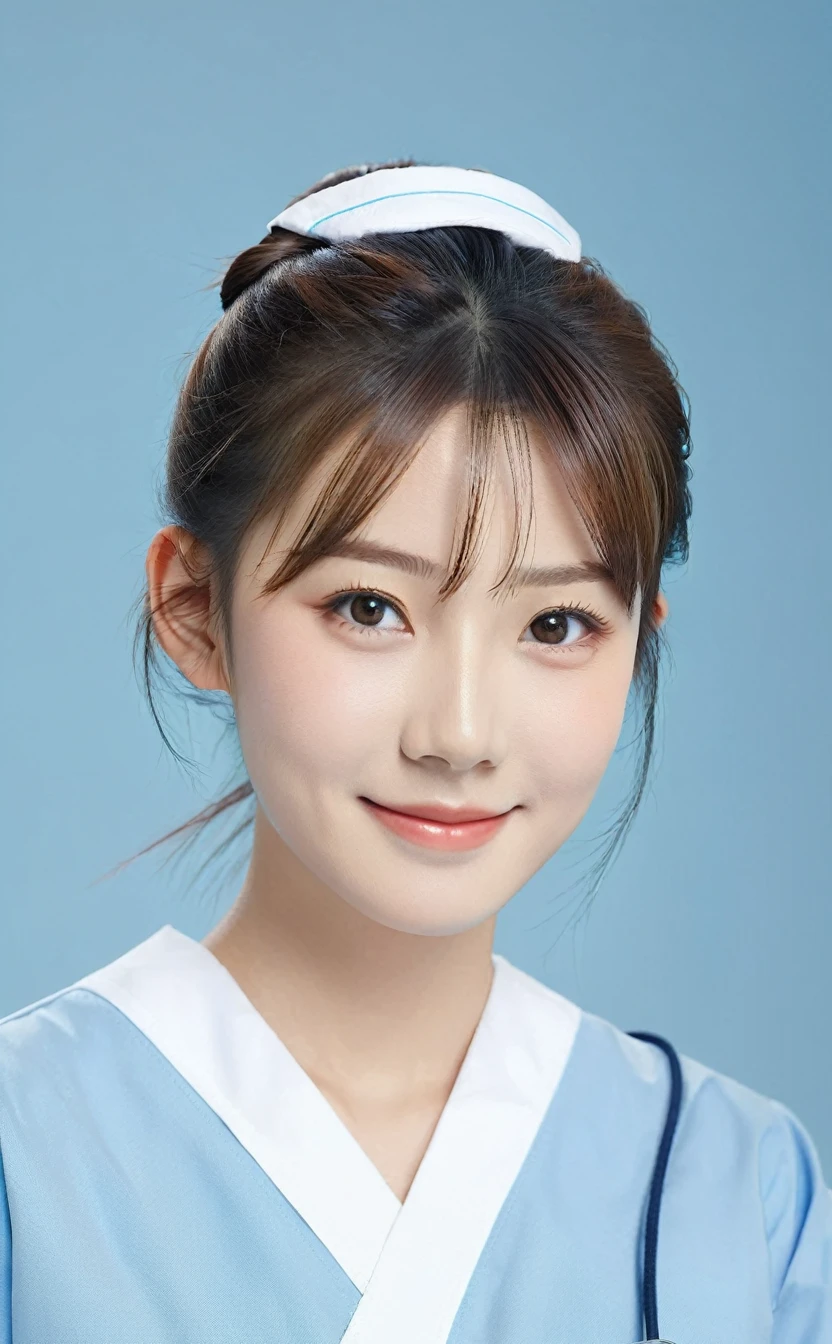 Realistic,Japanese young idol one girl portrait,Hair tied back in a bun,She is a nurse wearing a blue uniform.,Gentle smile,Simple light blue background,Tilting face,Popular Korean makeup,photoRealistic,