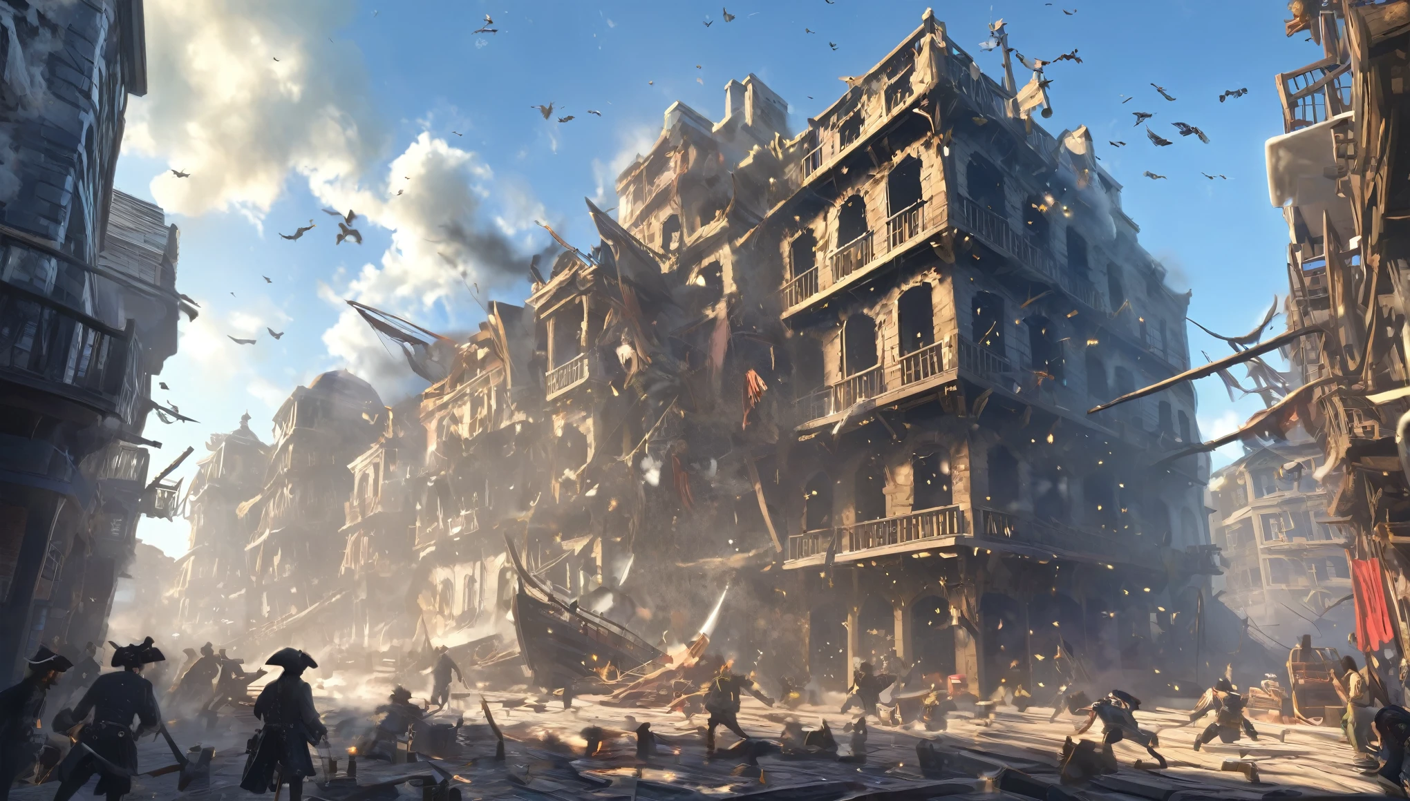 masterpiece, best quality, extremely detailed, hyperrealistic:1.1, photorealistic, pirates city, splitting building in half, destroyed building, sword slash effect