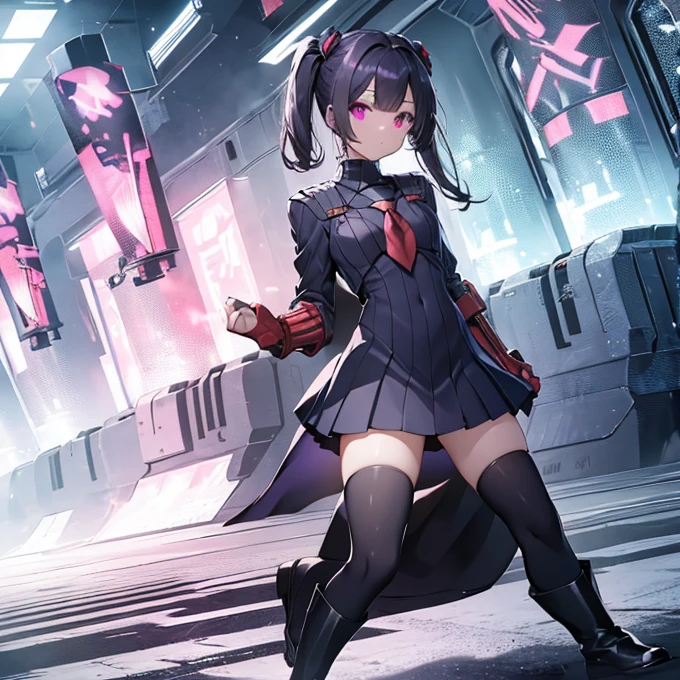 NSFW, collarbone, absurd, brainwashed, combatant, hollow eyes, ((purple glowing eyes 1.5)), expressionless, emotion removed, ((black shadaloo suit)), looking away, full body shape, ((standing up, saluting)), (highest quality, 4k, 8K, high resolution, required:1.2), ultra detailed, (real, it looks real, looks real:1.37), ticker, hyper hd, studio lighting, ultra detailed paint, sharp focus, physically based rendering, extreme detail, professional, vibrancy and color, blurry, sports portrait, landscape, horror style, anime big , anime huge , sci-fi, photography, concept artist, five fingers, perfect body, {{{masterpiece}}}, {{{best quality}}}, {{ultra detailed}}, {{shape}, {{very delicate and beautiful}}, value for money, all roles, Canon 5D MK4 photo, photo, (1 person: 1.2), (solo: 1.2), masutepiece, nffsw, shader, highest quality, elementary school student, (((magical girl outfit))), standing picture, ratex, tight long gloves, long boots, twin tails, long hair, pink hair, belly button exposed, both hands holding up skirt, black lace panties, panty shot, (NSFW: 0.8), very large breasts, body type (young girl body type, only large breasts) big breasts