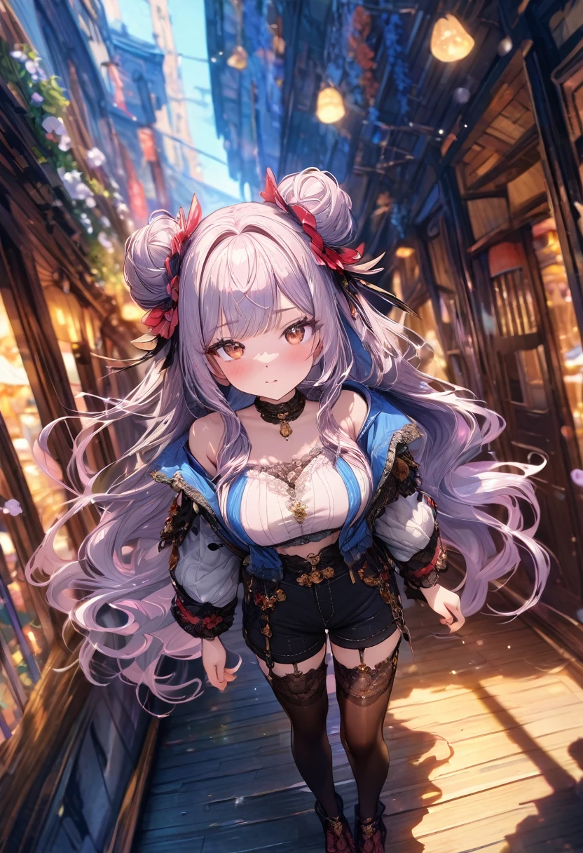 (masterpiece), best quality, very aesthetic, newest, absurdres, detailed, high quality
BREAK
highest quality, top quality, details, highres, ultra fine painting, digital art, official art, cinematic, 4k, 8k resolution, 8K CG wallpaper, CG, original artwork, detailed background, colorful background, blue atmosphere, High Dynamic Range, blurry background, blue hour, Starburst effects, crepuscular rays, good ISO, high resolution, wide shot, from far away, RAW photo, POV, sharp focus, light reflection, reflections, intricate details, soft light, particle noise, professional photography, bokeh, depth of field, natural lighting, vibrant colors, looking away, detailed lights and shadows, stylish, ultra-detailed, top rated on Pixiv, trending on Artstation, niji style, modern-days, master crafted, pose
BREAK
solo, close up shot, from above, 1girl, pale skin, correct fingers, detailed hand, (big breasts:1.2), big thighs, small torso, short body, flushtered, blush, anxious expression, embarassed, embarassed act, casual, slim, ((cute, childlike face):1.3), nice hips, nice body, brown hair, (very long flowing hair), (big 2 buns hairstyle)), long bangs, long hair, middle hair bangs, brown eyes
BREAK
(baggy pink crop top, shorts, stockings, choker, full body pose, designer clothing, fashionable clothes)
BREAK
Hanging clothes, folded clothes, walls, changing room, wardrobe