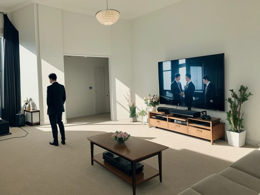 Several men in suits are standing in a reception entrance with a single television, Funeral, Photo taken from behind,Screen 16:9, watching tv, beautiful photo, Sunny place, External light, 数人がwatching tv, A small TV screen is placed on the table, White wall, Flowers are laid out