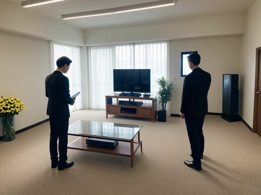Several men in suits are standing in a reception entrance with a single television, Funeral, Photo taken from behind,Screen 16:9, watching tv, beautiful photo, Sunny place, External light, 数人がwatching tv, A small TV screen is placed on the table, White wall, Flowers are laid out