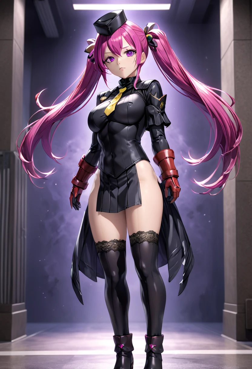 NSFW, collarbone, absurd, brainwashed, combatant, hollow eyes, ((purple glowing eyes 1.5)), expressionless, emotion removed, ((black shadaloo suit)), looking away, full body shape, ((standing up, saluting)), (highest quality, 4k, 8K, high resolution, required:1.2), ultra detailed, (real, it looks real, looks real:1.37), ticker, hyper hd, studio lighting, ultra detailed paint, sharp focus, physically based rendering, extreme detail, professional, vibrancy and color, blurry, sports portrait, landscape, horror style, anime big , anime huge , sci-fi, photography, concept artist, five fingers, perfect body, {{{masterpiece}}}, {{{best quality}}}, {{ultra detailed}}, {{shape}, {{very delicate and beautiful}}, value for money, all roles, Canon 5D MK4 photo, photo, (1 person: 1.2), (solo: 1.2), masutepiece, nffsw, shader, highest quality, elementary school student, (((magical girl outfit))), standing picture, ratex, tight long gloves, long boots, twin tails, long hair, pink hair, belly button exposed, both hands holding up skirt, black lace panties, panty shot, (NSFW: 0.8), very large breasts, body type (young girl body type, only large breasts) big breasts