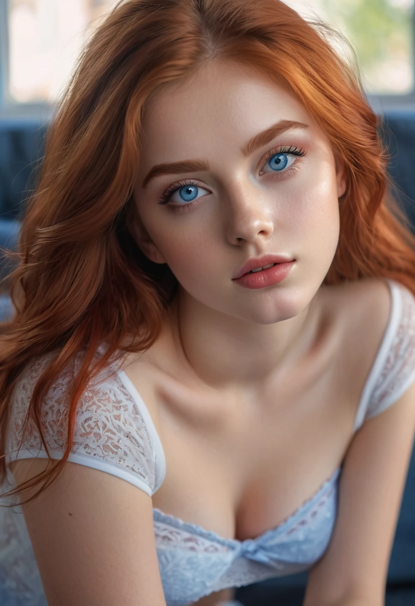 a teenage girl, beautiful detailed eyes, beautiful detailed lips, long eyelashes, 16 years old, red hair with white gray, , skirt, panties visible, sitting, sexy, hope on face, blue eyes, (best quality,4k,8k,highres,masterpiece:1.2),ultra-detailed,(realistic,photorealistic,photo-realistic:1.37), warm color tones, completely body
