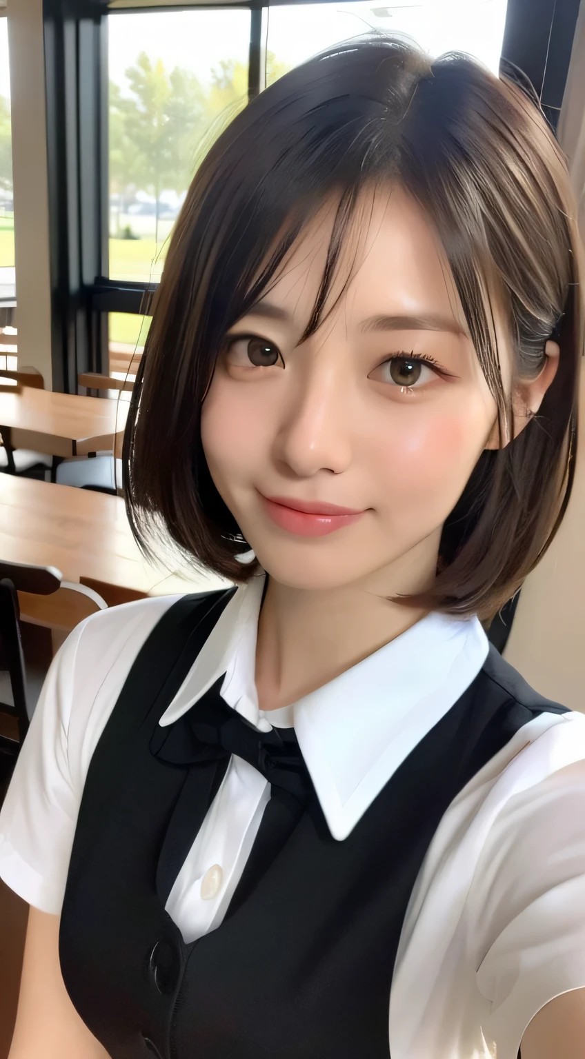 ((Natural light, 最high quality, 8K, masterpiece: 1.3)), Sharp focus, 1 Girl, Slim Beauty: 1.2, Brown Hair, With bangs, (Layered cut short hair), (big: 1.5), Fine grain, Beautiful eyes with slits, double eyelid, (How much is it), (cute Face), cute Smile, (Close your mouth), (cute), Soft Skin, Show the whole body, Ultra-realistic, Super detailed, high quality, ( Beautiful short-haired waitress coming to the table to take an order), ((とてもcuteウェイトレスのユニフォーム)), ((big that can be seen even from the top of the uniform))