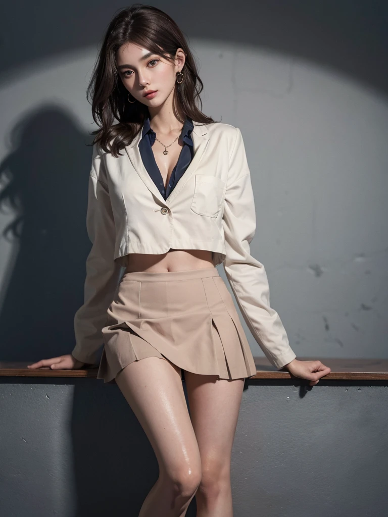 absurdres, RAW photo, extremely delicate and beautiful, masterpiece, Best Quality, ultra high resolution, 16k, hyperrealistic, ultra-detailed, perfect anatomy, super Detailed skin, perfect figure, Very detailed CG 8k wallpaper, in her 20s, very Slim body, narrow waist, very small head, very small face, delicate facial features, tearful mole, earring, thin legs, (very huge round breasts), full body shot, short hair, (wavy hair), (light brown hair), (wet clothes), ((school uniform)), (blazer),