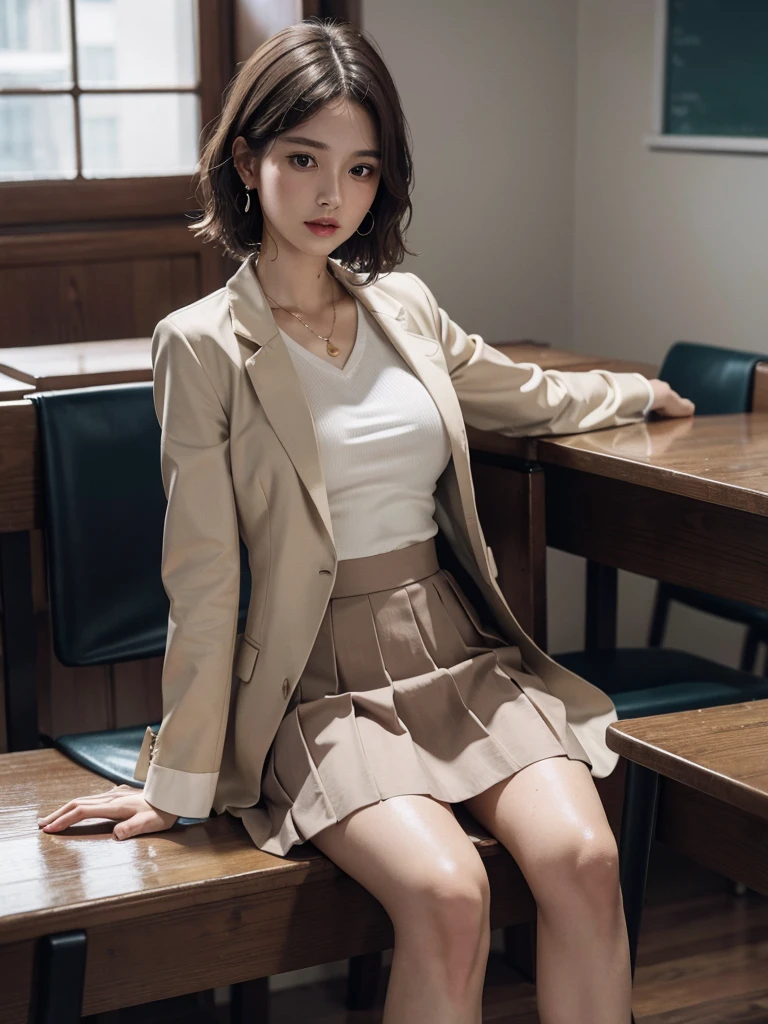 absurdres, RAW photo, extremely delicate and beautiful, masterpiece, Best Quality, ultra high resolution, 16k, hyperrealistic, ultra-detailed, perfect anatomy, super Detailed skin, perfect figure, Very detailed CG 8k wallpaper, in her 20s, very Slim body, narrow waist, very small head, very small face, delicate facial features, tearful mole, earring, thin legs, (very huge round breasts), full body shot, short hair, (wavy hair), (light brown hair), (wet clothes), ((school uniform)), (blazer),