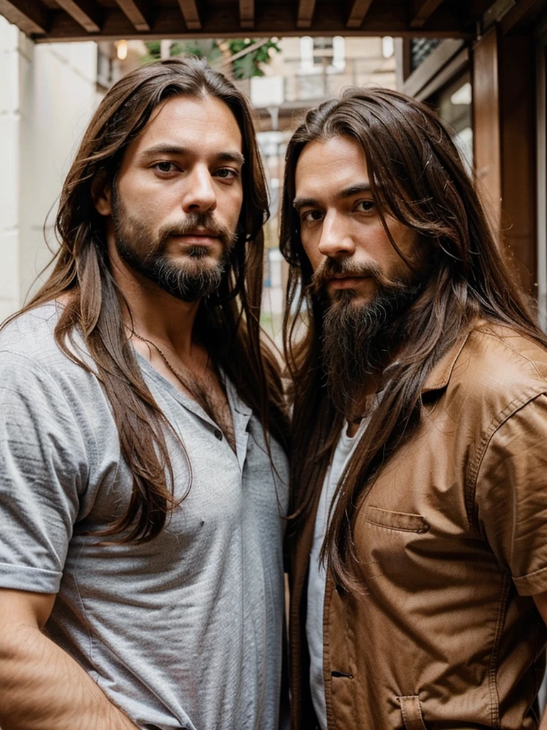 man and a woman, approximately 40 years old, beautiful, long hair, man with beard