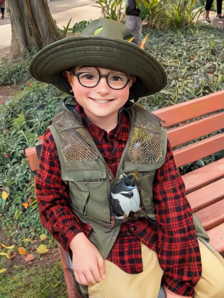 "Create a realistic full body 4D cartoon character with a big head, an 12 year old boy with a happy and cheerful expression. He is wearing a bird watchers outfit. The illustration should emphasize his wide, happy smile and friendly demeanor."