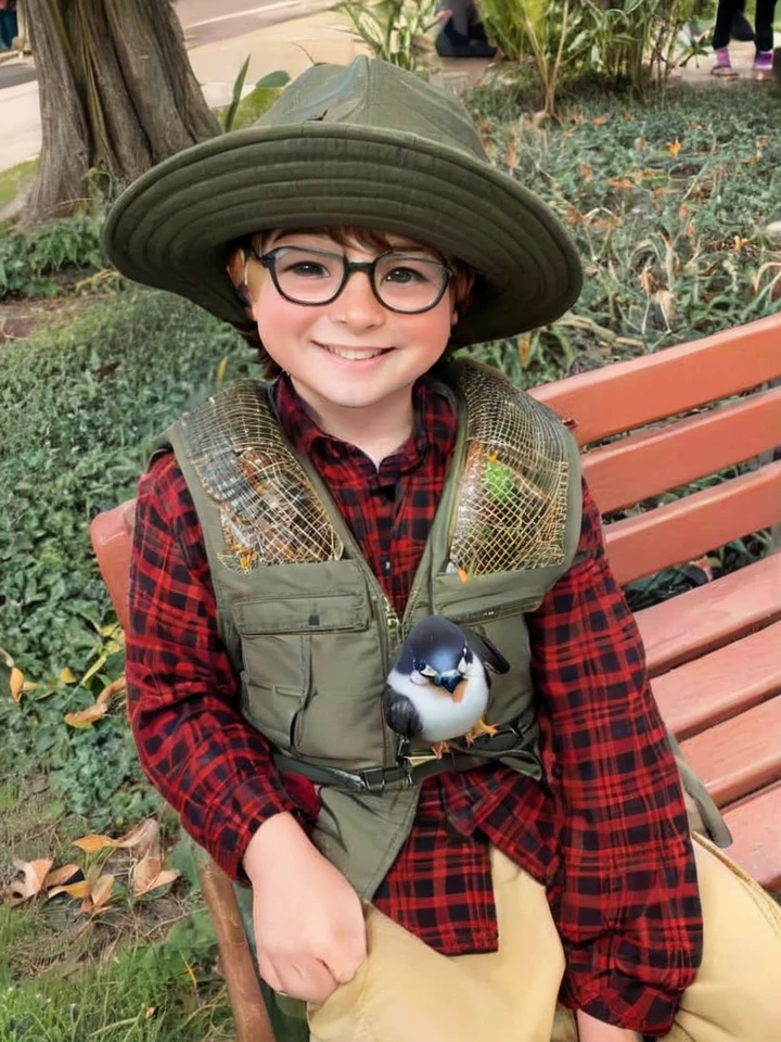 "Create a realistic full body 4D cartoon character with a big head, an 12 year old boy with a happy and cheerful expression. He is wearing a bird watchers outfit. The illustration should emphasize his wide, happy smile and friendly demeanor."
