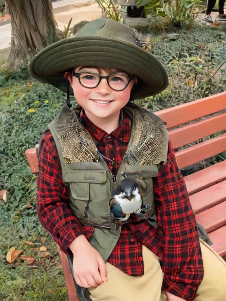 "Create a realistic full body 4D cartoon character with a big head, an 12 year old boy with a happy and cheerful expression. He is wearing a bird watchers outfit. The illustration should emphasize his wide, happy smile and friendly demeanor."