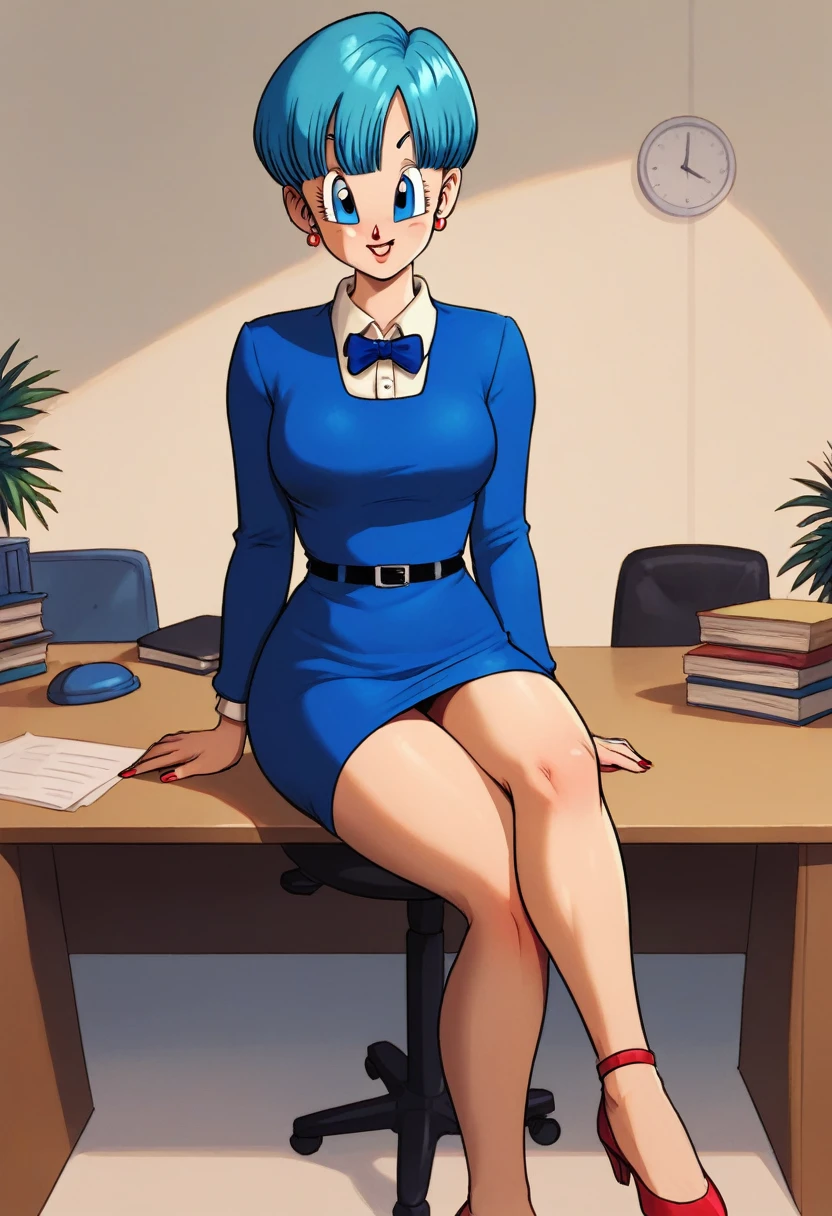 Bulma briefs blue dress legs crossed in office desk
