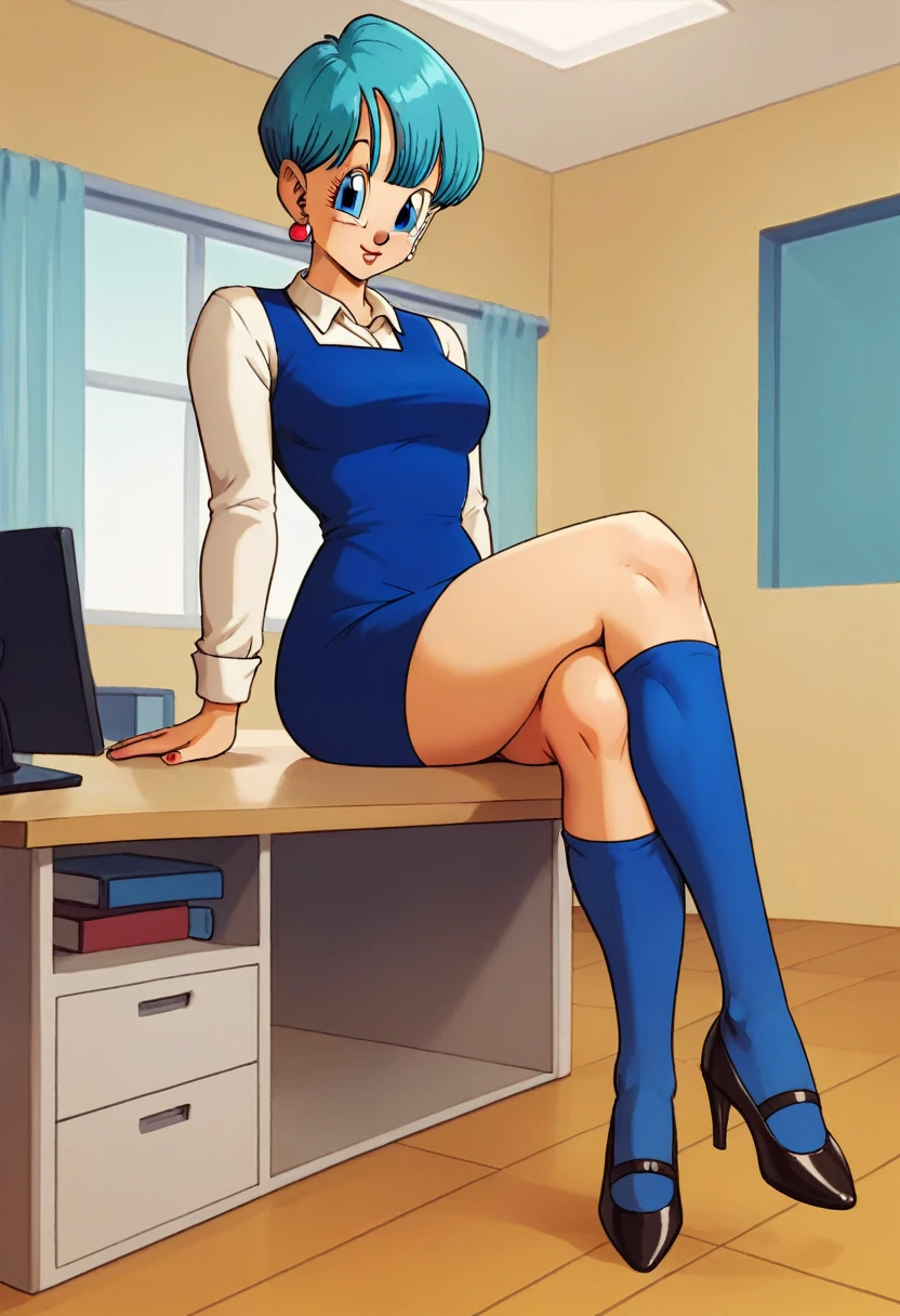 Bulma briefs blue dress legs crossed in office desk