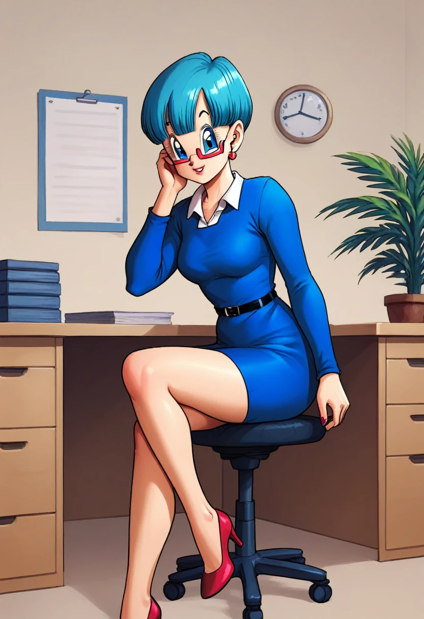 Bulma briefs blue dress legs crossed in office desk